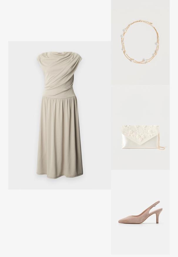 Ärmelloses beiges Midikleid mit geraffter Taille und drapierten Stoffdetails am Oberteil, auf weißem, einfarbigem Hintergrund dargestellt.; Slingback-Pumps aus weichem beigem Wildleder, mit spitzer Zehenform, schlankem Absatz und verstellbarem Knöchelriemen mit einer runden Schnalle.; Cremefarbige Satin-Clutch mit Perlen- und Blumenstickerei auf der Klappe und einem dünnen goldenen Kettenriemen vor weißem Hintergrund.; Zarte doppellagige goldene Halskette mit gleichmäßig verteilten kleinen weißen Perlen auf schlichtem hellem Hintergrund.