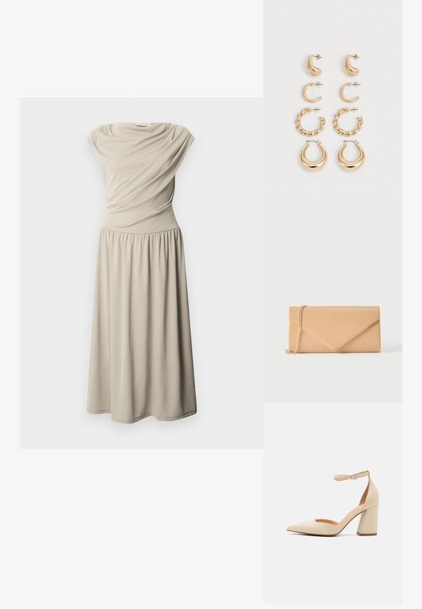 Vestido midi beige sin mangas con cintura fruncida y detalle de tela drapeada en el corpiño, presentado sobre un fondo blanco liso.; Zapato de tacón alto de charol beige con punta afilada, correa en el tobillo y tacón grueso. Textura suave con detalles de costura mínimos.; Clutch beige tipo sobre con una cadena dorada, colocado sobre un fondo blanco liso.; Conjunto de cinco pendientes de oro, con distintos diseños: superficies retorcidas, estriadas y lisas en formas de aro y media luna.