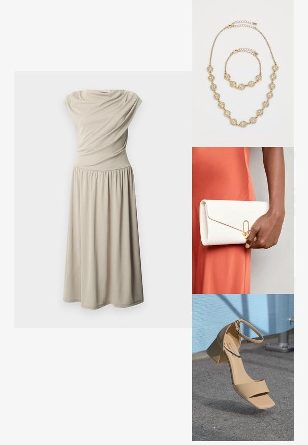 Robe midi beige sans manches avec taille froncée et détail de tissu drapé sur le buste, présentée sur un fond blanc uni.; Sandale à talon carré beige avec un bout carré, des brides minimalistes et une boucle à la cheville. Matériau lisse et mat sur une surface grise.; Pochette tissée blanche avec une forme structurée et des finitions en métal doré. Elle présente une fermeture enveloppe et un détail de boucle distinctif.; Collier et bracelet en ton or avec des charms ronds incrustés de cristaux, reliés par de délicates chaînes avec fermoirs ajustables.