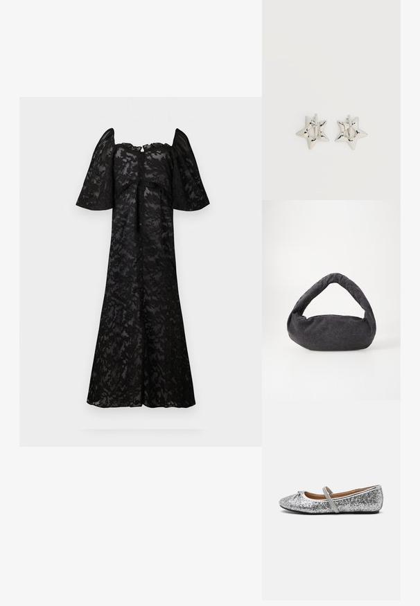 Robe noire avec des manches courtes et bouffantes, ornée d'un motif de dentelle florale. Boutonnage sur le devant, silhouette fluide et ourlet au genou.; Ballerines en paillettes argentées avec un bout arrondi, une sangle élastique et un talon minimal. Surface texturée avec un éclat métallique et des finitions contrastées.; Sac en tissu gris foncé avec une anse courbée, texture douce et forme arrondie. Pas de matériel ou d'embellissements visibles.; Boucles d’oreilles créoles en forme d’étoile argentée avec une finition lisse et polie sur un fond blanc uni.