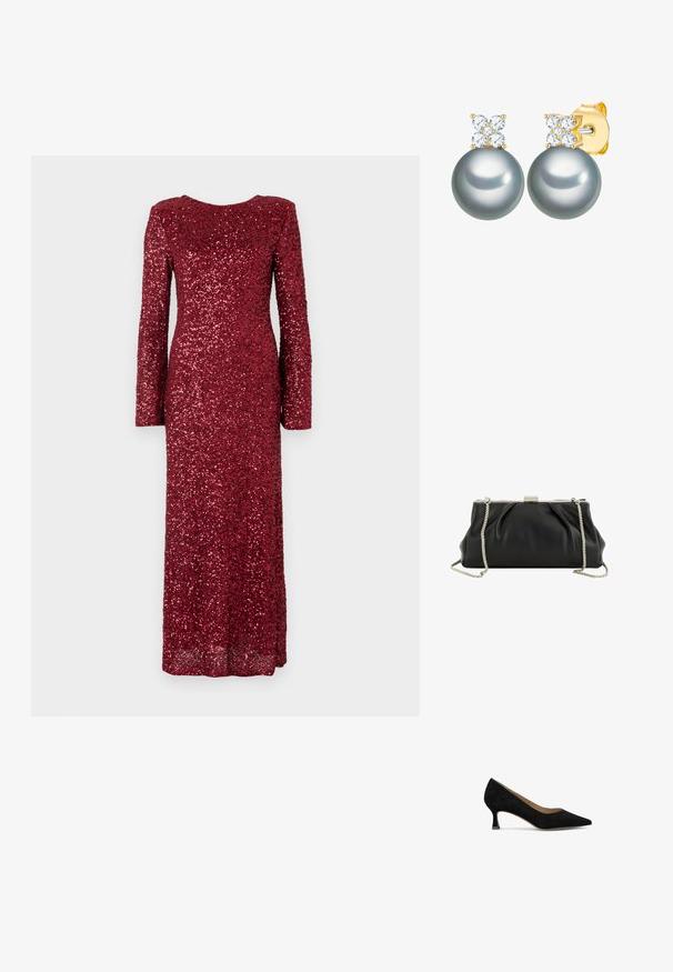 Vestido rojo de manga larga cubierto de lentejuelas, con un escote redondeado y una silueta ajustada, que se extiende hasta el suelo.; Zapato de tacón de ante negro con puntera afilada, tacón cuadrado bajo y forro interior suave. Diseño simple sin patrones ni acentos visibles.; Bolso de mano de cuero negro suave con marco de metal plateado y correa de cadena plateada desmontable sobre fondo blanco.; Pendientes de botón de oro con cuatro pequeños diamantes redondos formando un racimo sobre cada gran perla gris.
