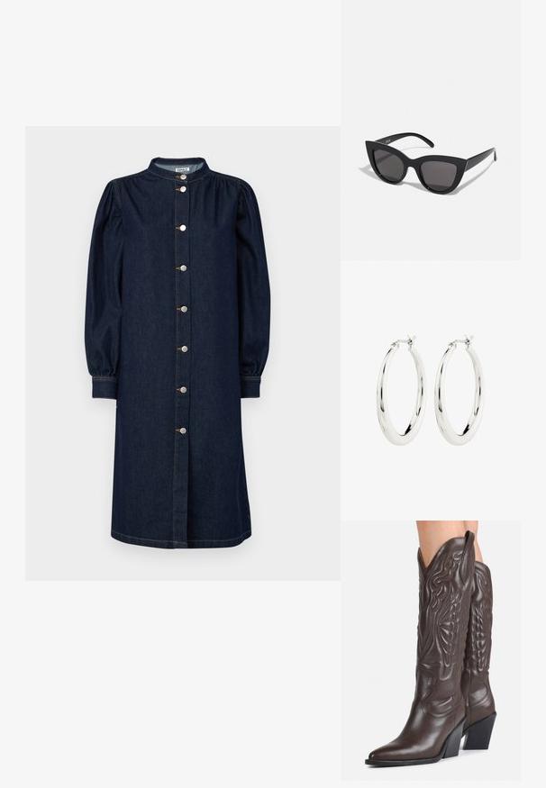 Donkerblauwe denim jurk met een mandarinenkraag, lange pofmouwen en een knoopsluiting aan de voorkant met zilveren hardware en subtiele stiksels.; Donkerbruine leren cowboylaarzen tot over de knie met puntige neuzen, decoratieve stiksels en schuine blokhakken gedragen door een persoon.; Zwarte cat-eye zonnebril met een matte afwerking, voorzien van grijs getinte glazen, scherpe hoeken en slanke zijarmen. Merkennaam zichtbaar op de binnenarm.; Zilveren oorbellen in de vorm van een gladde, glanzende ring. Circulaire vorm, voorzien van een veilige sluiting. Eenvoudig en elegant ontwerp.