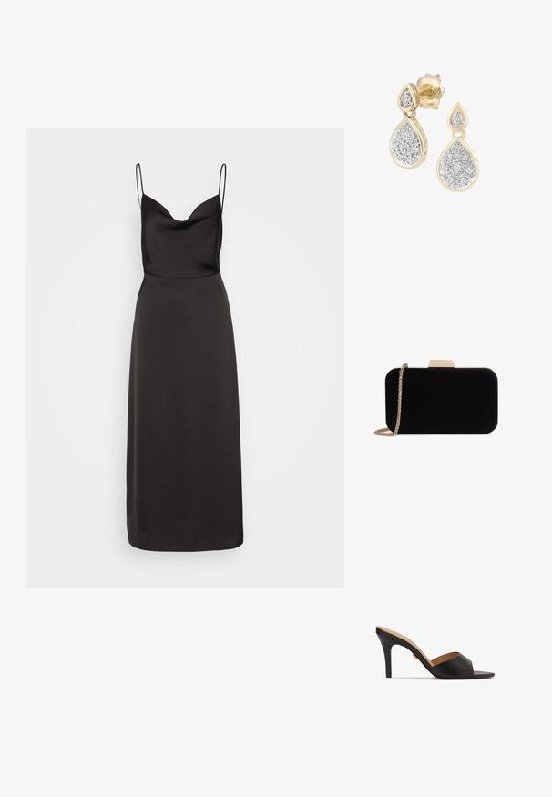 Vestido de satén negro con un cuerpo ajustado, escote ancho y tirantes finos. La falda fluye hasta los tobillos, con una textura suave.; Zapatillas de tacón alto abiertas en la parte delantera, de color negro, con un upper de cuero suave, punta almendrada y un elegante tacón de aguja. Detalle decorativo en tono dorado visible.; Clutch de terciopelo negro con herrajes en tono dorado, de forma rectangular y con correa de cadena, que presenta una textura suave y sin patrones visibles.; Pendientes en forma de lágrima con un marco dorado y acentos plateados, adornados con múltiples piedras redondas brillantes en una disposición decorativa.