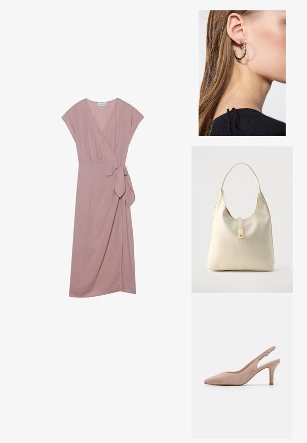 Wikkeljurk van lichtroze stof, met korte kapmouwen, een V-halslijn en een getailleerde tailleaccent voor een vloeiende silhoeët.; Slingback hoge hak schoen in zacht beige suède, spitse neus, slanke hak en verstelbare enkelband met een ronde gesp.; Crèmekleurige leren hobo-tas met een enkele schouderband, een gladde textuur en een goudkleurige sluiting aan de voorkant.; Zilveren oorbel met een gepolijste afwerking, met kleine gouden accentdetails en een ronde vorm, gedragen op de oorlel.