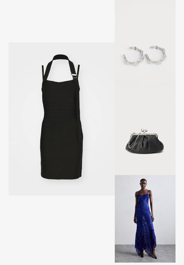 Schwarzes Kleid mit horizontalen Falten, Halterneck-Design und einem seitlichen Träger mit silbernem Akzent. Kurze, taillierte Silhouette.; Maxikleid im blauen und lila Tiermuster mit dünnen Trägern, einem taillierten Oberteil, ausgestelltem Saum und transparenten Überlagerungen.; Schwarze Leder-Clutch mit geraffter Textur, silberfarbener Metallrahmen, Druckverschluss und Kettenriemen. Glatte, weiche Oberfläche.; Silberne Creolen mit einem strukturierten, unregelmäßigen Design. Hergestellt aus Metall, verfügen sie über einen sicheren Postverschluss und ein glänzendes Finish.