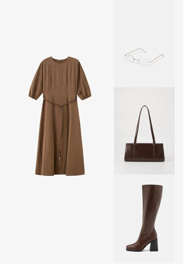 Bruine midi-jurk met ronde hals, driekwart pofmouwen en een dunne tailleband.; RAID RENZO - Laarzen - brown; Gouden metalen bril met ovale lenzen, slanke armen en transparante neus pads. Heeft subtiele scharnieraccenten en transparante lenzen.; Bruine lakleren handtas met een rechthoekige vorm, twee lange handvatten en subtiele gebogen accenten aan de voorkant.