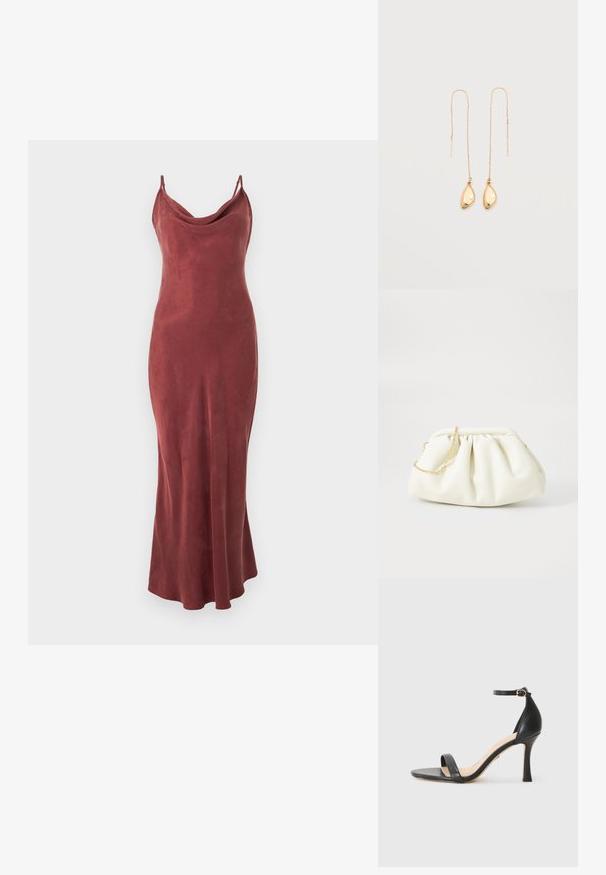 Robe nuisette sans manches, longue jusqu'au sol, de couleur rouille, avec un col bénitier et de fines bretelles, sur un fond uni.; Sandale à talons hauts en cuir noir avec une fine bride de cheville, bout ouvert et un talon élégant et courbé. Semelle texturée et design minimaliste.; Sac à main en cuir blanc avec un design plissé, doté d'une bandoulière en chaîne dorée et d'une forme arrondie. Texture lisse avec des plis doux et sans motifs.; Boucles d'oreilles fines en fil d'or avec de fines chaînes et de petits pendentifs en or lisses, de forme irrégulière, suspendus aux extrémités.