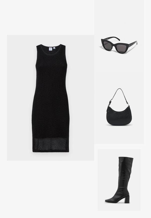 Robe sans manches noire en tissu tricoté texturé avec un motif en diamant. Silhouette ajustée, longueur genou et encolure ronde.; RAID BLICK - Bottes - black; Lunettes de soleil noires en forme d'œil de chat avec une finition mate, dotées de verres teintés gris, d'angles aigus et de branches élégantes. Nom de la marque visible sur la branche intérieure.; Sac hobo noir en cuir lisse avec une silhouette arrondie, doté d'une seule sangle ajustable et de détails de design minimalistes.