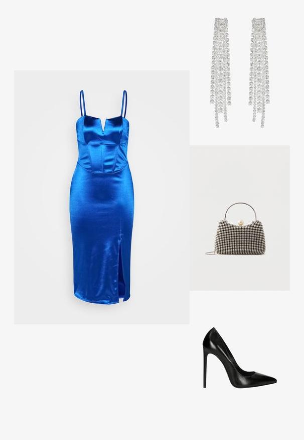 WAL G. SAIRA MIDI - Etuikleid - electric blue; Schwarze Leder-Pumps mit hohen Absätzen, spitzer Zehenform und glatter Oberfläche. Verfügt über eine elegante Silhouette und einen Stiletto-Absatz.; Kleine Handtasche mit silbernem Gittermuster, gebogenem Griff, großem Perlenverschluss und einem dünnen silbernen Kettenriemen auf schlichtem Hintergrund.; Lange silberne Ohrringe mit einer Vielzahl von klaren, facettierten Kristallen in kaskadierenden Strängen unterschiedlicher Längen und Formen.