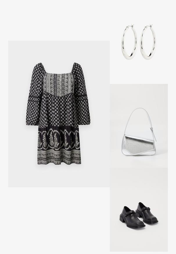 Vestido negro con estampado floral, escote cuadrado, mangas largas de campana y dobladillo en capas. Presenta patrones bordados en blanco a lo largo de toda la prenda.; Zapatos de cuero negros con punta redondeada, suela plana y una correa con detalle de hebilla. Tacón cuadrado grueso para mayor estabilidad.; Bolso de mano metálico plateado con forma triangular, textura suave y una fina correa de hombro ajustable. Presenta un diseño plegable con costuras.; Pendientes de aro de plata con un acabado suave y brillante. Forma circular, con un cierre seguro. Diseño sencillo y elegante.