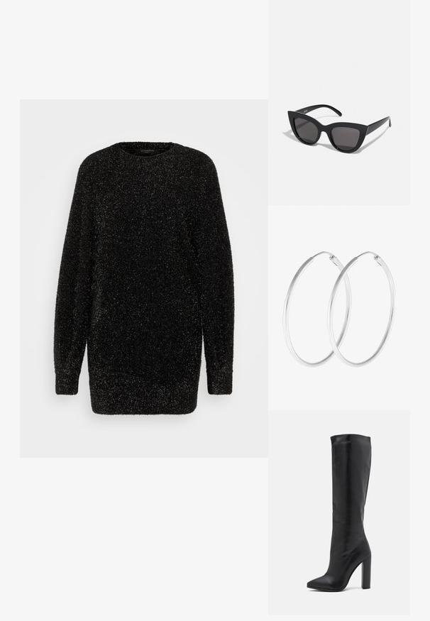 Sort sweater med rund halsudskæring, lange ærmer og en tekstureret, skinnende overflade. Stoffet ser blødt og let glitrende ud, med en afslappet pasform.; RAID PRISCA - Højhælede støvler - black; Sorte cat-eye solbriller med mat finish, der har grå tonede linser, skarpe vinkler og slanke sidearme. Mærkenavnet er synligt på den indre arm.; Sølvfarvede hoop øreringe med en glat, rund form og en poleret overflade. Begge øreringe er i samme størrelse og har en sikker lukke mekanisme.