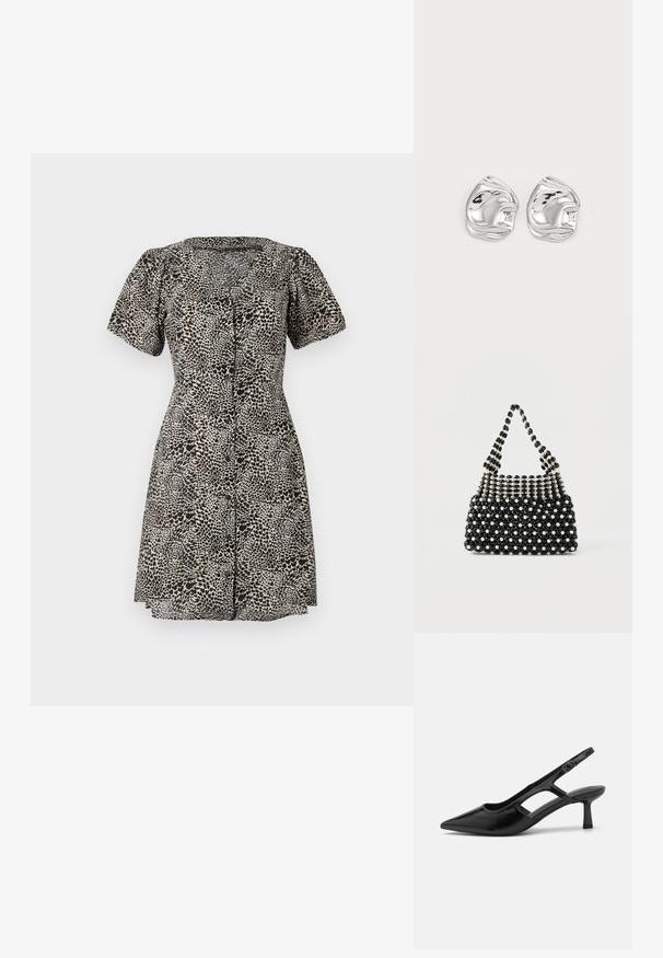 Leopardprintkjole med korte pufærmer, V-udskæring og knaplukning foran. Lavet af letvægtsstof med en flagrende nederdel.; Sorte slingback hæle med spidse tæer, lavet af blankt materiale, med udskæringsdetaljer og en moderat hæl for støtte.; Sort-hvid perlebesat håndtaske med kort håndtag, der har skiftevis perleagtige og sorte facetterede perler i et ternet mønster.; Sølv abstrakte stud øreringe med en poleret finish, der har glatte kurver og subtile konturer. Ingen synlige mønstre eller accenter.