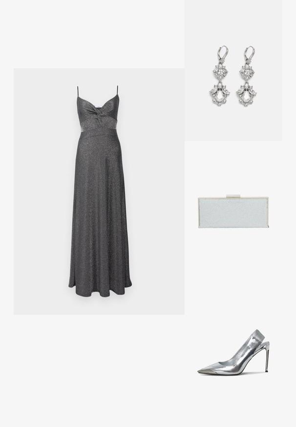 Zilverkleurige maxi-jurk met een nauwsluitende lijfje, verstelbare spaghettibandjes en een uitgerokte rok. Gelaagd, glanzend stof door de hele jurk.; Zilveren slingback hoge hak schoen met een spitse neus en metallic afwerking. Heeft een strakke uitstraling en minimalistische accenten op de hak.; Lichtblauwe clutch met een gestructureerd oppervlak voorzien van heldere, verhoogde druppels. Zilverkleurige hardware bij de bovensluiting, rechthoekige vorm.; Zilverkleurige oorbellen met meerdere heldere kristalgesteenten in druppel- en marquisevormen, met sluitingen met een leversysteem en ingewikkelde details.