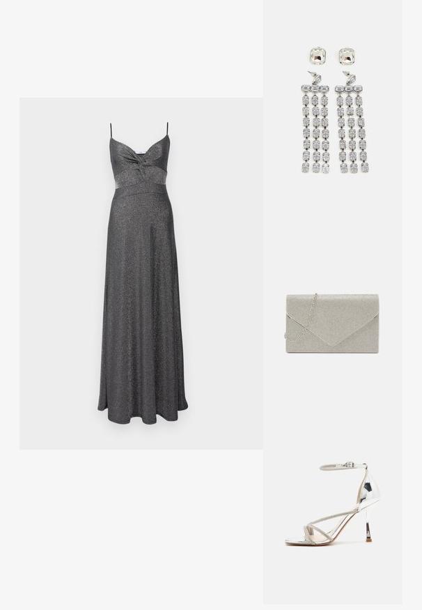 Robe maxi en métal argenté avec un corsage ajusté, des bretelles spaghetti réglables et une jupe évasée. Tissu texturé et scintillant sur l'ensemble.; Sandale à talons hauts en argent avec un design à lanières, en matériau scintillant, accents en strass et une fine bride à la cheville. Bout carré et talon poli.; Pochette argent métallique au design d'enveloppe, ornée d'un motif texturé, avec une chaîne amovible.; Boucles d'oreilles en cristal avec des accessoires en ton argent, comportant un clou carré et des rangées en cascade de cristaux rectangulaires et octogonaux.