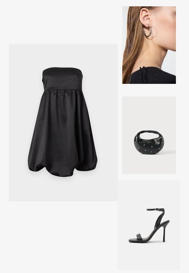 Trägerloses schwarzes Satin-Cocktailkleid mit geraffter Taille und voluminösem Bubble-Saum.; Schwarze High-Heels-Sandalen mit schlankem Knöchelriemen und zwei vorderen Riemen. Aus glattem Leder gefertigt, mit einer eleganten spitzen Zehenform und einem Stiletto-Absatz.; Schwarze Lederhandtasche mit abgerundeter Form, verziert mit silbernen Nietenakzenten und kurzem Griff. Glatte Struktur und Reißverschlussverschluss.; Silberne Creolen mit polierter Oberfläche, die kleine goldene Akzentdetails und eine runde Form aufweisen, am Ohrläppchen getragen.