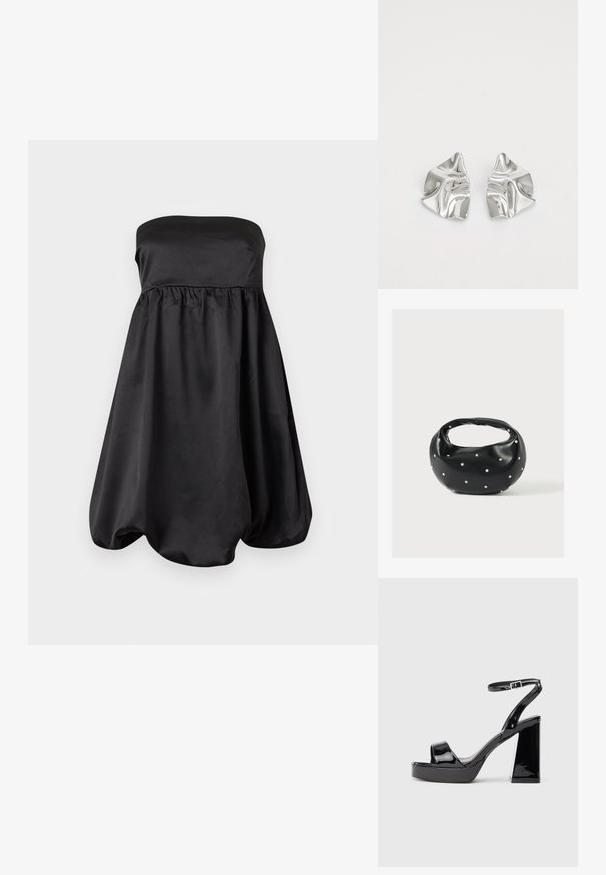 Robe de cocktail en satin noir sans bretelles avec taille froncée et jupe volumineuse à ourlet bouffant.; Sandale plateforme en cuir verni noir avec un gros talon haut et une boucle à la cheville sur fond blanc.; Sac à main en cuir noir de forme arrondie, décoré de clous argentés et équipé d'une poignée courte. Texture lisse et fermeture éclair.; Boucles d'oreilles en métal argenté avec un design ondulé et sculptural, présentant une finition polie et des formes irrégulières, mettant en valeur une esthétique contemporaine.