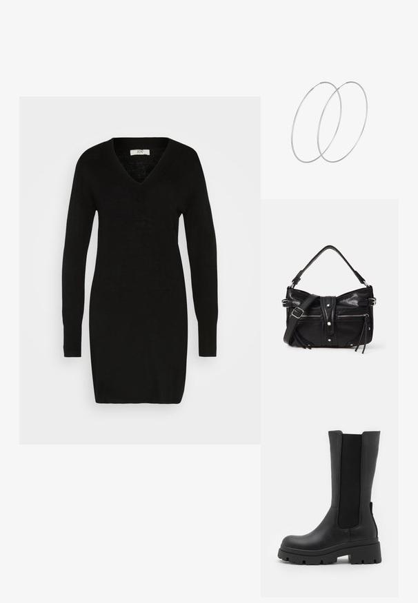 Zwarte gebreide jurk met lange mouwen en een V-hals, met een getailleerd ontwerp en een zachte textuur. Geschikt voor casual of semi-formele gelegenheden.; ONLY SHOES ONLDOJA - Plateaulaarzen - black; Even&Odd by Zalando H24462 - Handtas - black; Zilveren hoepel oorbellen met een minimalistisch ontwerp. Cirkelvormig, gladde textuur en dun profiel. Lichtgewicht met een gepolijste afwerking.