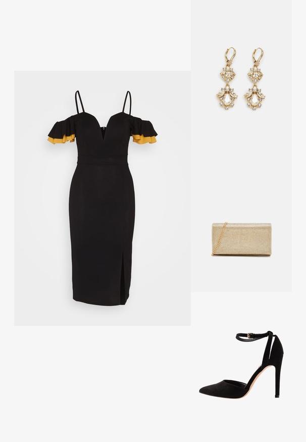 WAL G. SIMAH FRILL MIDI DRESS - Robe en jersey - black/mango; Escarpins en suède noir avec un bout pointu, une bride à la cheville et un talon aiguille. Le design présente une texture lisse avec un minimalisme dans les détails.; Clutch métallique doré avec une surface texturée, dotée d'une chaîne et ayant une forme rectangulaire, conçu pour une utilisation en soirée.; Boucles d'oreilles pendantes dorées présentant un design en grappe avec des cristaux clairs ronds et en forme de goutte, mettant en valeur des détails élaborés.
