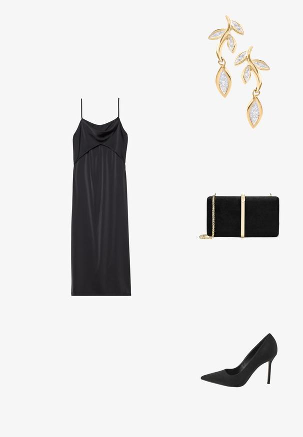 Robe nuisette en satin noir avec de fines bretelles spaghetti, un décolleté drapé et une silhouette droite. Texture lisse et design minimaliste.; Escarpin haut en daim noir avec un bout pointu et un détail en découpes sur le côté ; doté d'un talon aiguille élancé et d'une doublure intérieure lisse.; Pochette en daim noir à la forme rectangulaire lisse, dotée d'un accent métallique doré et d'une bandoulière en chaîne.; DIAMANT L'ÉTERNEL Boucles d'oreilles - gold coloured