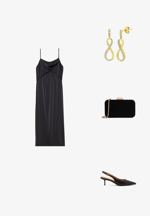 Schwarzes Satin-Nachthemd mit dünnen Spaghettiträgern, einem drapierten Ausschnitt und einer geraden Silhouette. Glatte Textur und minimalistisches Design.; Schwarzer Slingback-Absatzschuh aus Leder mit spitzer Spitze, dünnem Absatz und verstellbarem Knöchelriemen; glatte Textur und minimalistische Details.; Schwarze Samt-Clutch mit goldfarbener Hardware, rechteckiger Form und Kettenriemen, mit glatter Textur und ohne sichtbare Muster.; Goldfarbene Ohrringe in Form eines stilisierten Unendlichkeitssymbols, verziert mit klaren, runden, geschliffenen Kristallen entlang der Kanten. Mit Steckverschluss.
