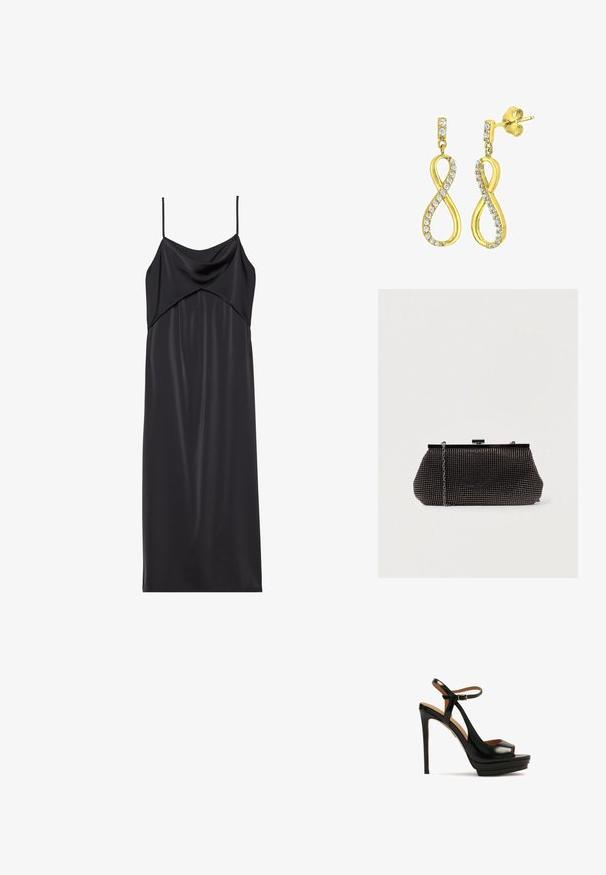Vestido recto de satén negro con finas tirantes de spaghetti, escote drapeado y silueta recta. Textura suave y diseño minimalista.; Sandalia negra de tacón alto con punta abierta, tira en el tobillo, material de cuero brillante, base de plataforma y tacón stilettos. Detalle de hardware dorado.; Bolso de mano negro de malla con una silueta estructurada, adornado con pequeños tachuelas metálicas, que cuenta con un cierre de broche y una correa de cadena desmontable.; Pendientes en tono dorado con forma de símbolo de infinito estilizado, adornados con cristales transparentes de corte redondo a lo largo de los bordes. Cierre a presión.