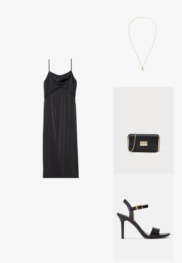 Vestido recto de satén negro con finas tirantes de spaghetti, escote drapeado y silueta recta. Textura suave y diseño minimalista.; Sandalias de tacón alto negras con parte superior de cuero suave, punta abierta y diseño de tira única con un detalle de hebilla dorada.; Bolso de piel negra tipo bandolera con correa de cadena dorada y cierre rectangular dorado en la parte delantera, sobre un fondo claro y liso.; Delicado collar de cadena de oro con un único colgante redondo de piedra preciosa clara centrado sobre un fondo blanco.