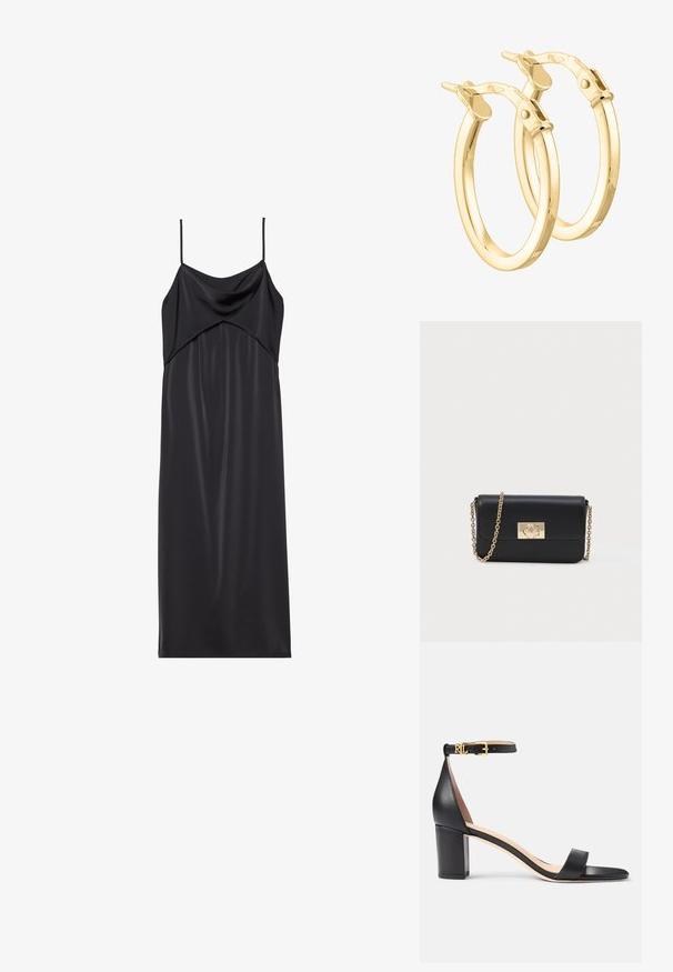 Sort satin slip kjole med tynde spaghetti stropper, en draperet halsudskæring og en lige silhuet. Glat tekstur og minimalistisk design.; Lauren Ralph Lauren LOGAN BURNISHED LEATHER SANDAL - Sandaler - black; Sort læder crossbody-pung med guld kædestrop og rektangulær guldspænde på forsiden, sat imod en ensfarvet lys baggrund.; Guldtonede hoop øreringe med en poleret overflade, afrundet form og hængselslukning, der har en glat tekstur og et minimalistisk design.