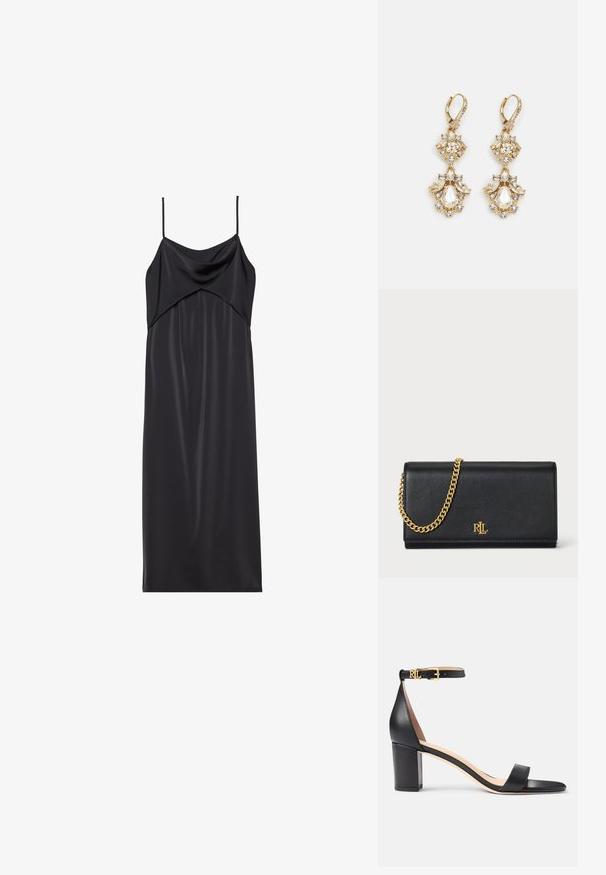 Sort satin slip kjole med tynde spaghetti stropper, en draperet halsudskæring og en lige silhuet. Glat tekstur og minimalistisk design.; Lauren Ralph Lauren LOGAN BURNISHED LEATHER SANDAL - Sandaler - black; Sort læderpung med en guld kædestrop, der har et guld logo foran. Minimalistisk design med en glat overflade og slank form.; Guldtonede chandelierøreringe med en klynge-design, der har runde og tårnformede klare krystaller, der fremhæver detaljerne.