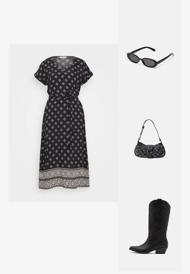 Robe maxi noire à manches courtes, décolleté en V et motif en diamonds blancs. Dispose d'une taille nouée et d'un ourlet à motifs contrastants.; Botte de cowboy en cuir noir avec un bout pointu, un talon bas empilé et un motif de feuilles embossé complexe sur la tige. Boucle en haut pour un enfilage facile.; Even&Odd Lunettes de soleil - black; Sac à main noir avec texture matelassée, doté de quincaillerie en argent, d'une forme incurvée et d'une seule bandoulière réglable. Fermeture zippée sur le dessus.