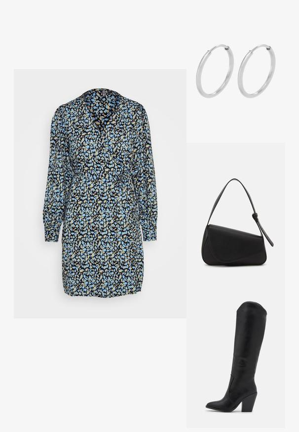 Pieces PCNYA WRAP - Jurk - black; RAID LAKELYN - Laarzen met hoge hak - black; Zwart leren handtas met een driehoekige vorm, schuine klep en een ronde handgreep. Heeft een gladde textuur en minimalistische ontwerpelementen.; Zilveren hoepeloorbellen, cirkelvormig, met een gladde glanzende textuur en een constante breedte. Minimalistisch ontwerp zonder extra accenten.