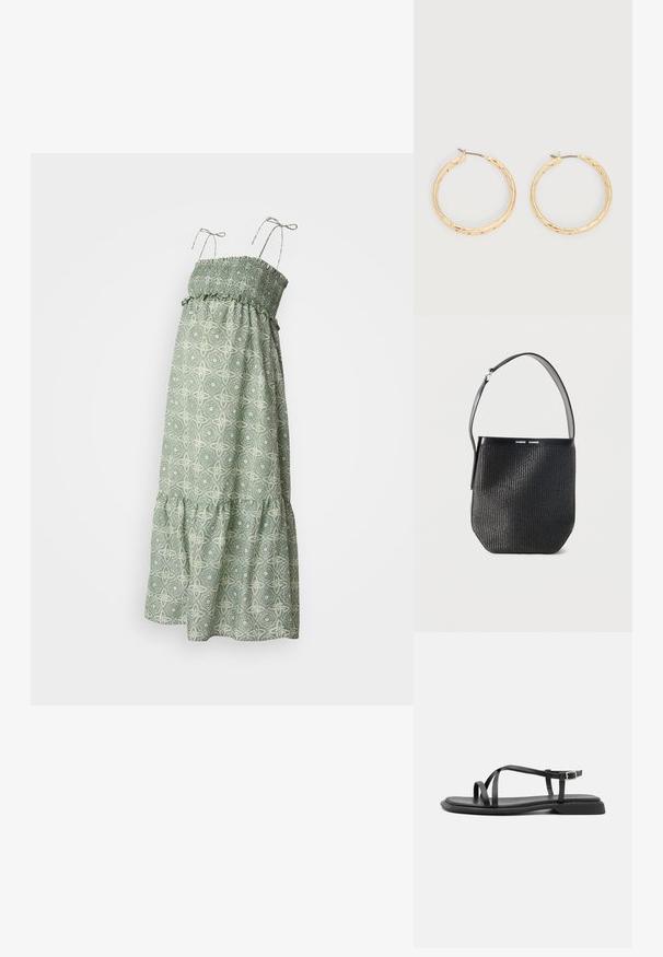 Groene maxi-jurk met een smock-borststuk, dunne bandjes en een gelaagde rucheszoom. Gemaakt van lichtgewicht stof met bloemenmotieven.; Zwarte platte sandalen met dunne verstelbare bandjes, rechthoekige teenpost en een gestructureerde matte afwerking. Voorzien van een lage, licht vierkante hak.; Zwarte geweven bucketbag met een enkele verstelbare schouderriem en een gladlederen rand bovenaan, met het merk "SAMSØE SAMSØE."; Een paar oorbellen met gouden textuur in de vorm van ringen met dunne pennen, op een witte achtergrond.