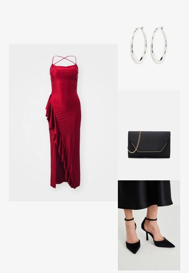 Robe maxi en satin rouge avec des bretelles croisées ajustables, présentant un détail de volants sur le côté et une silhouette ajustée. Texture lisse, design élégant.; Talons aiguilles noires à bout pointu en tissu lisse avec un talon aiguille et une fine sangle à la cheville, présentant un design à côté ouvert.; Pochette noire au toucher lisse, dotée d'une chaîne en or et d'une fermeture à rabat géométrique rehaussée de doré.; Boucles d'oreilles créoles en argent avec une finition lisse et brillante. Forme circulaire, dotée d'un fermoir sécurisé. Design simple et élégant.