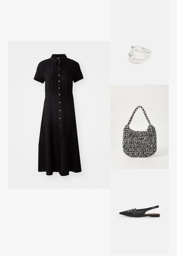Musthave mustastmiku pikkseelik, millel on nööpidega eest kinni minev osa, krae ja põlvepikkune seelik, valmistatud kerge kangaga. Sile tekstuur ja vormistatud lõige.; Must must nahk slingback tasase jala king, terav nina, millel on kaks horisontaalset rihma ja ruudukujulised hõbedased sanga, madal konts ja sile tekstuur.; Mustri kott musta ja valgega, ümar kuju, tekstureeritud pind ja punutud käepide. Sobib igapäevaseks kasutamiseks.; Hõbedane kahekordne rõngas sujuva, poleeritud pinnaga. Omab voolavat, kõverat disaini, millel on kattuvad sektsioonid, et saavutada kaasaegne ilme.