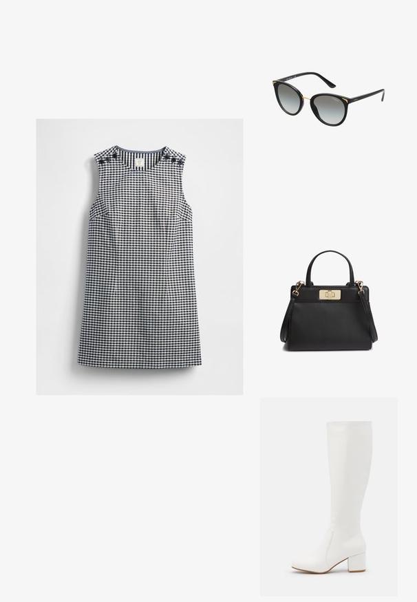 Ærmeløs navy og hvid gingham kjole med rund halsudskæring og knapdetaljer på begge skuldre, lagt fladt på en hvid baggrund.; Hvide knæhøje støvler med en glat, blank finish. Firkantet blokhæl og diskret syningsdetalje langs siden.; Katteøje solbriller med en blank sort ramme, grå gradientlinser og detaljering i guldtoner ved stængerne. Blød, glat tekstur.; Sort læderhåndtaske med topstropper, en aftagelig skulderrem og et rektangulært låsespænde i guldfarve foran.