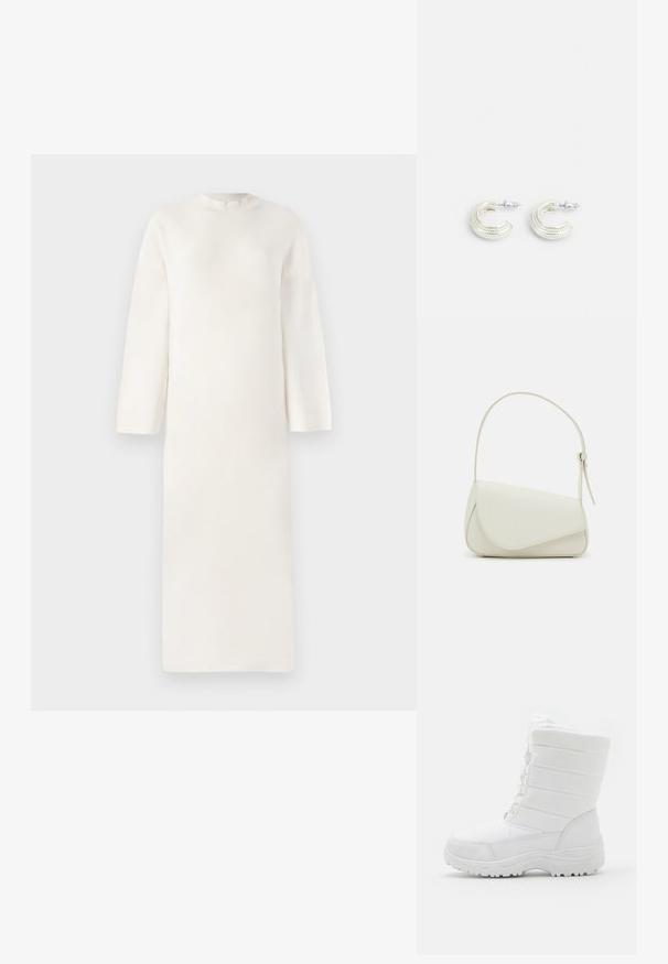 Robe longue couleur crème pâle avec un décolleté rond et des épaules tombantes. Fabriquée dans un matériau doux et texturé, elle présente une silhouette droite.; Bottes d'hiver blanches imperméables avec un dessus rembourré, un design texturé, des lacets réglables et une semelle en caoutchouc robuste pour une meilleure traction.; Sac à main en cuir synthétique blanc avec une forme triangulaire structurée, une bandoulière unique réglable et un rabat à courbes accentuées.; Boucles d'oreilles en ton argent, au design en anneau torsadé, présentant une surface texturée et des détails nervurés, sécurisées par une fermeture à tige.