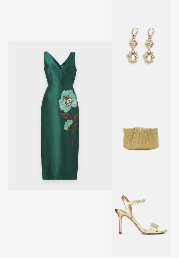 Groene satijnen jurk met een V-hals, versierd met een grote bloemenborduurwerk in aqua en bruin aan de linkerkant. Knielange silhouet.; Gouden metallic, gestrikte hoge hak sandaal met een gesp sluiting, open teen en een gladde textuur. Kenmerkt zich door een slanke, puntige hak.; Loeffler Randall BRIT PLEATED FLAT - Clutch - gold-coloured; Gouden hangoorbellen met een clusterontwerp, versierd met ronde en druppelvormige heldere kristallen, die zich kenmerken door ingewikkelde details.