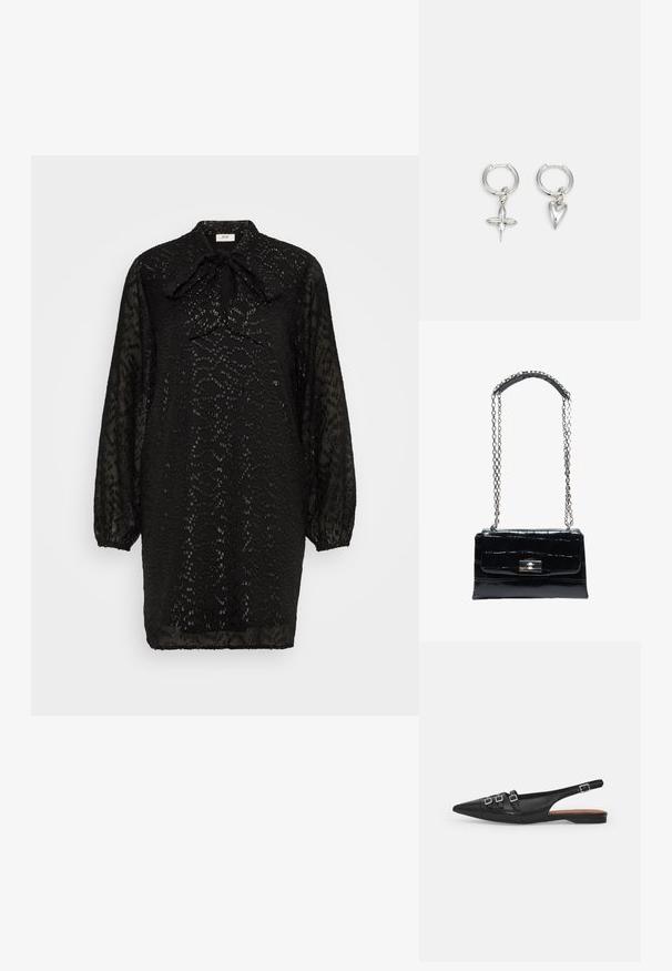 JDY JDYDEMY SHORT DRESS - Koktailové šaty/večierkové šaty - black; Čierne kožené baleríny so špicatou špičkou, s dvoma horizontálnymi popruhmi a hranatými striebornými prackami, nízkym opätkom a hladkým povrchom.; Čierna kožená kabelka s krokodílím vzorom, striebornou zámkou so zatváraním na otočenie a dlhým strieborným reťazcom s koženou ramennou podložkou.; Strieborné kruhové náušnice s príveskom v tvare kríža a srdca. Hladký, lesklý povrch s lešteným dokončením. Každý prívesok visí na bezpečnej slučke.