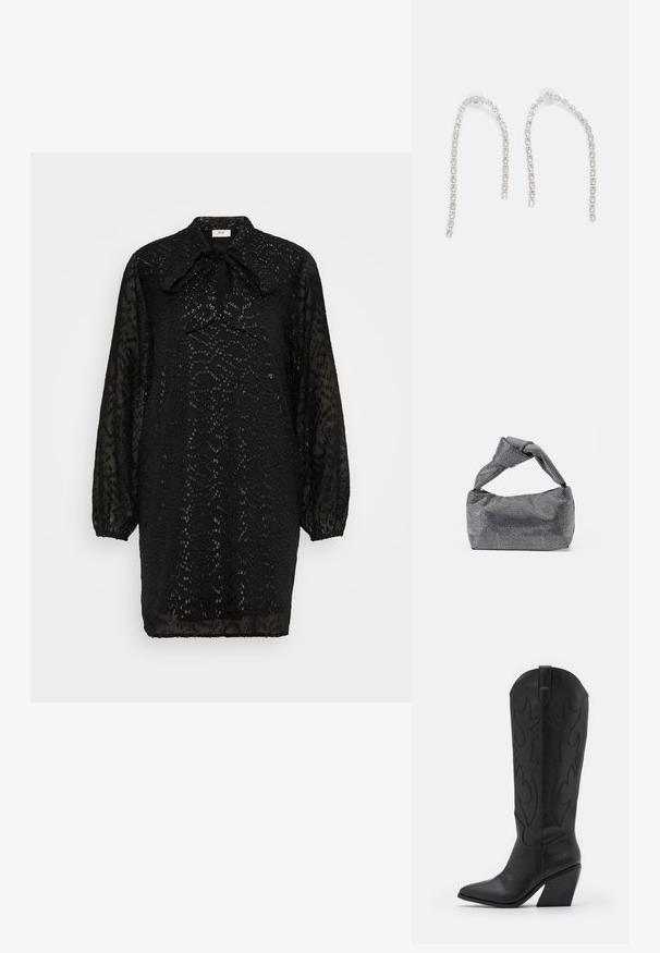 JDY JDYDEMY SHORT DRESS - Koktailové šaty/večierkové šaty - black; Čierne kožené kovbojské topánky s špicatou špičkou, zúženým stohovaným podpätkom a dekoratívnym prešívaním pozdĺž strán.; Čierna a strieborná kabelka s textúrovaným povrchom so vzorom diamantov, s uzlovou rukoväťou a štruktúrovaným tvarom.; Strieborné náušnice s visiace reťazce, zdobené viacerými priehľadnými drahými kameňmi usporiadanými v lineárnom vzore, ktoré poskytujú trblietavý efekt.