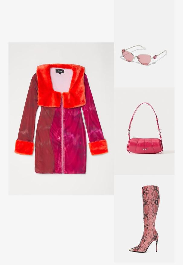 Ahluwalia KIARA DRESS - Kokteilikleit/peokleit - pink; Roosa ja musta käärikute mustriga põlvini ulatuv saabas, millel on terav nina ja metallne aktsent kanna peal. Silus tekstuur ja korralik disain.; Swarovski Päikeseprillid - pink; Väike läikiv roosa nahast õlakott hõbedase tiiva embleemiga ja reguleeritava rihmaga, pealmine tõmblukuga sulgumine, valgel taustal.