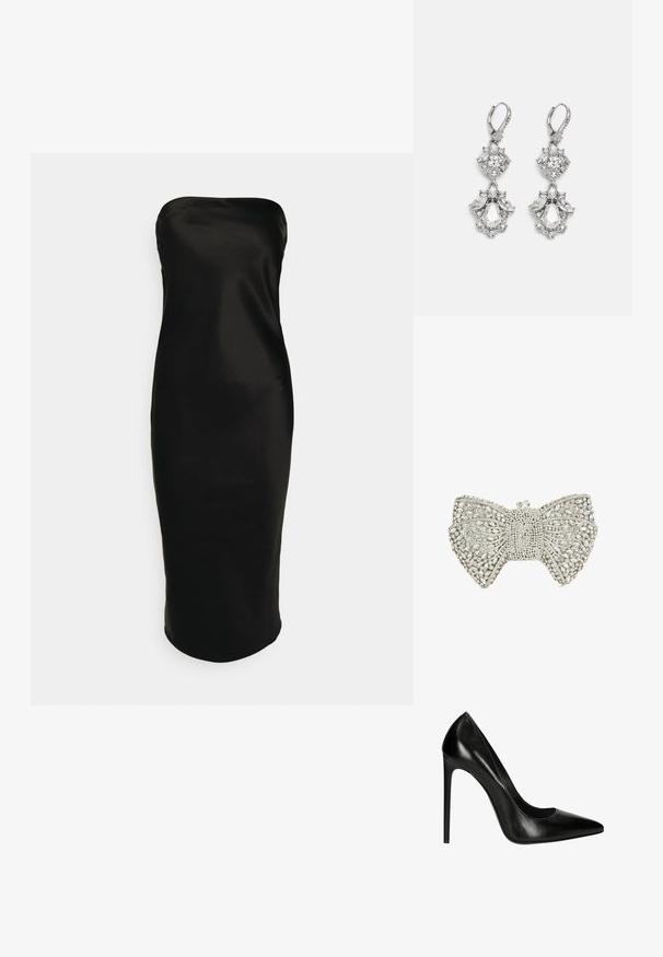 Gina Tricot TUBE MIDI DRESS - Robe de soirée - black; Pompe à talon aiguille en cuir noir avec un bout pointu et une texture lisse. Présente une silhouette élégante et un talon aiguille.; Pochette en forme de nœud en ton argent, ornée de strass transparents et d'un fermoir en cristal sur le dessus.; Boucles d'oreilles en métal argenté ornées de plusieurs pierres précieuses en cristal transparent en forme de goutte et de marquise, avec des fermoirs à levier et des détails complexes.