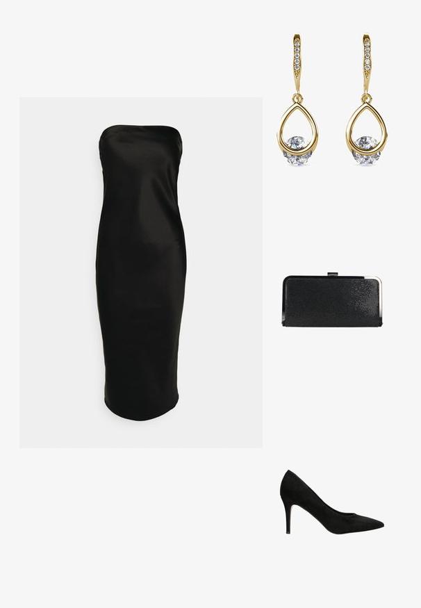 Gina Tricot TUBE MIDI DRESS - Cocktailjurk - black; Zwarte suède hoge hakken met een spitse neus en een slanke silhouette. Heeft een dunne hak en een soepele textuur. Klassiek ontwerp.; Zwarte rechthoekige clutch met textuur, zilverkleurig metalen frame en sluiting, op een witte achtergrond.; Gouden druppeloorbellen met ronde, heldere edelstenen aan de basis. Gelaagd bovenstuk met kleine, ronde accenten langs de ring.