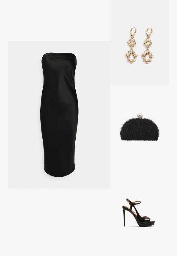 Gina Tricot TUBE MIDI DRESS - Cocktailkjole / festkjole - black; Sorte højhælede sandaler med åben tå, ankelrem, glat lædermateriale, platformssål og stiletto-hæl. Guld hardware detaljer.; Sort aftenclutch med tekstureret stof, indrammet af en række små perler og en stor perle-lukning på toppen.; Guldtonede chandelierøreringe med en klynge-design, der har runde og tårnformede klare krystaller, der fremhæver detaljerne.