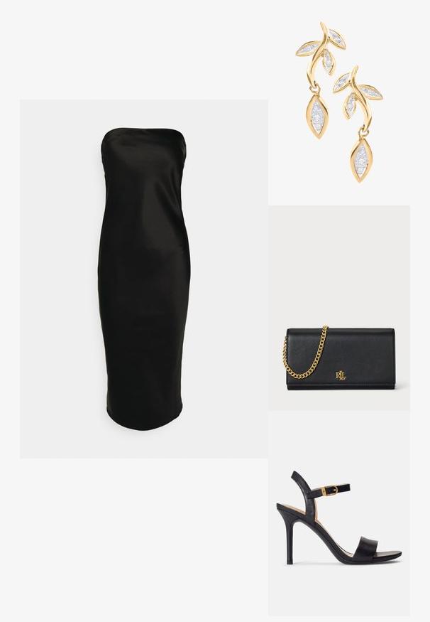 Gina Tricot TUBE MIDI DRESS - Vestido de cóctel - black; Sandalias de tacón alto negras con parte superior de cuero suave, punta abierta y diseño de tira única con un detalle de hebilla dorada.; Cartera de cuero negro con una correa de cadena dorada, que presenta un logotipo dorado en el frente. Diseño minimalista con una textura suave y forma estilizada.; DIAMANT L'ÉTERNEL Pendientes - gold coloured