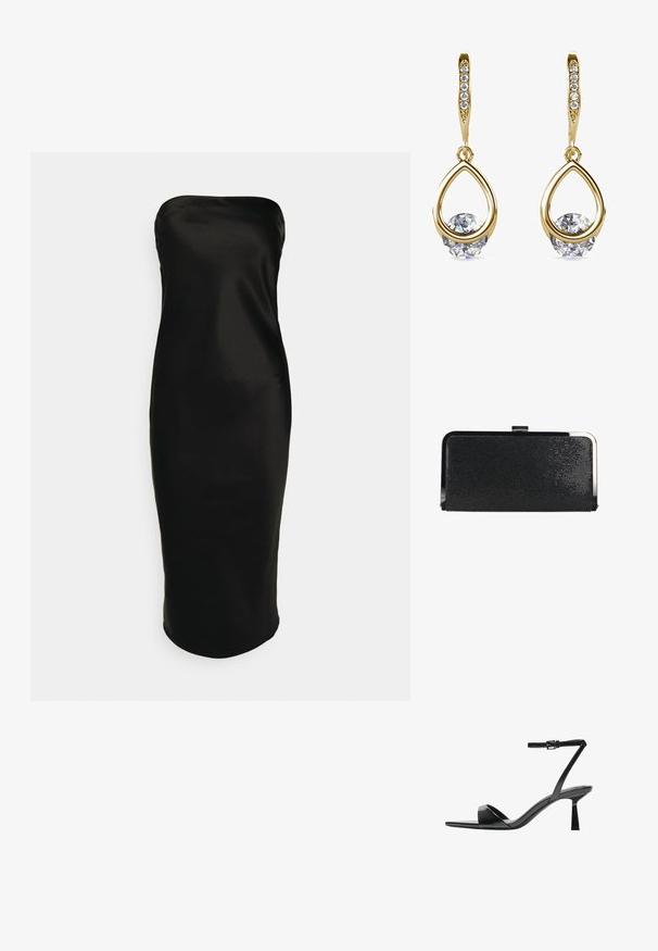 Gina Tricot TUBE MIDI DRESS - Cocktailjurk - black; Bershka Sandalen met hoge hak - black; Zwarte rechthoekige clutch met textuur, zilverkleurig metalen frame en sluiting, op een witte achtergrond.; Gouden druppeloorbellen met ronde, heldere edelstenen aan de basis. Gelaagd bovenstuk met kleine, ronde accenten langs de ring.