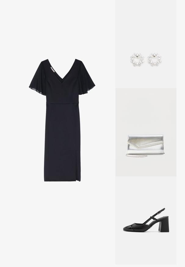Anna Field by Zalando Cocktailjurk - black; Zwarte gepatineerde leren slingback hak met een spitse neus, blokhak en verstelbare band. Glad textuur en minimalistisch design.; Glanzende zilveren clutch met envelopvormige klep en decoratieve rand, klein zilveren kettingriempje, op een effen lichte achtergrond.; Ronde oorbellen van metaal, voorzien van meerdere heldere, facetteerde stenen die in een sprankelend patroon zijn gerangschikt. Kleurloos en reflecterend.