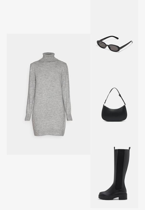 JDY JDYLIBBYROLL NECK DRESS - Robe pull - medium grey melange; Bottes noires montantes en cuir lisse, avec des panneaux élastiques sur les côtés et une semelle épaisse texturée pour une meilleure adhérence.; Even&Odd by Zalando Lunettes de soleil - black; Pieces PCALUANA SHOULDER BAG - Sac à main - black