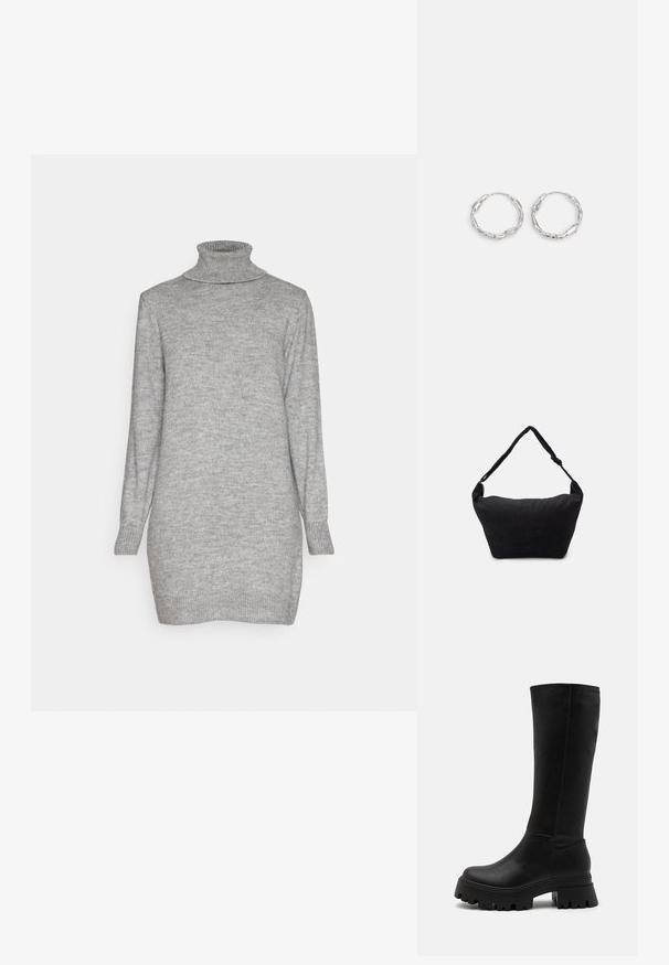 JDY JDYLIBBYROLL NECK DRESS - Strikkjoler - medium grey melange; Sorte knælange støvler lavet af syntetisk læder, med en chunky gummisål med dybe riller, glat overflade og minimale syninger.; Sort stof skuldertaske med en blød tekstureret overflade, rund form og en enkelt rem. Minimalistisk design uden synligt hardware eller accenter.; Sølv hoops med en bølget, uregelmæssig tekstur. Har en tynd, cirkulær form og en reflekterende finish.