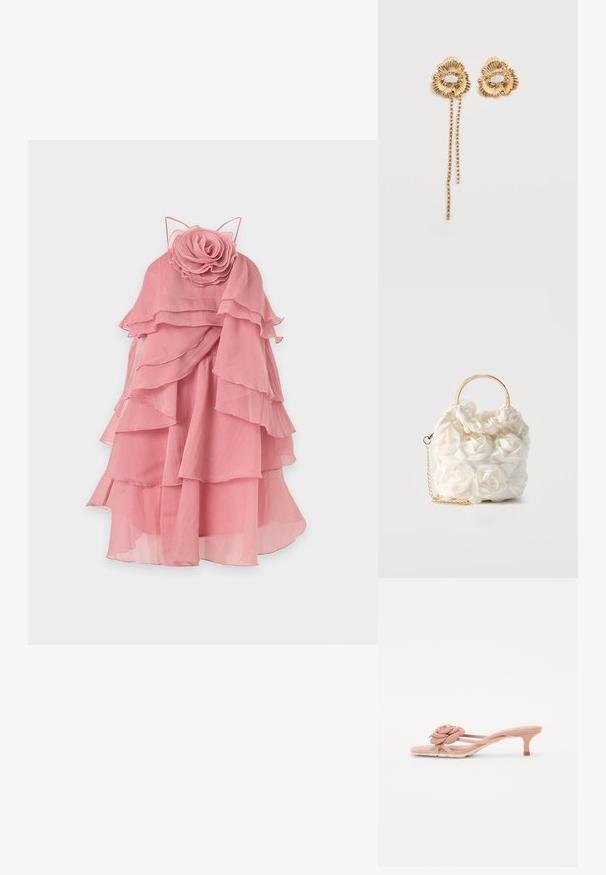 Pink lagdelt chiffonkjole med flæsetier og en stor stofrose detaljer ved halsudskæringen, vist på en ensfarvet baggrund.; Lyserøde sutsko med en tekstureret blomsterdetalje på stroppen og en lille hæl. Blødt materiale og åben design.; Hvid håndtaske dekoreret med stofroser, med et rundt håndtag i guld og en guldkæde som strop på en ensfarvet baggrund.; Guld blomsterøreringe med strukturerede kronblade og en ring af små klare sten, den ene ørering har to hængende kæder af små sten.