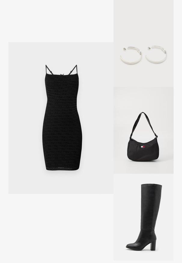 Sort ærmeløs bodycon kjole med et struktureret logo-mønster, der har slanke stropper og en tætsiddende design. Glat stof, længde til midt på låret.; Sorte knæhøje støvler lavet af glat læder, med en kraftig hæl og rund tå. Minimalistisk design uden synligt hardware eller dekorationer.; Sort skuldertaske i nylon med buet form, tilpasset logo-patch og en mønstret rem med teksten "TOMMY JEANS". Lynlåslukning på toppen.; Sølvfarvede halvcirkelformede creoler med riflet tekstur og trykknapslukning på hvid baggrund.