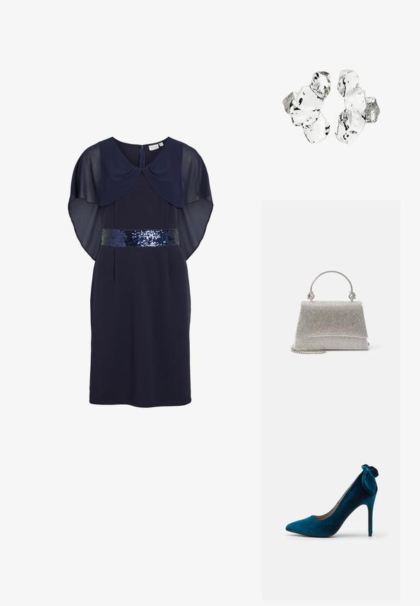 Marineblå knælængde kjole med gennemsigtige kappeærmer, palietbælte og lynlås bagpå.; Anna Field by Zalando Pumps - dark blue; ALDO FELISIA - Håndtasker - silver-coloured; Klynge af seks uregelmæssigt formede, gennemsigtige og reflekterende glaslignende stykker arrangeret på en hvid baggrund.